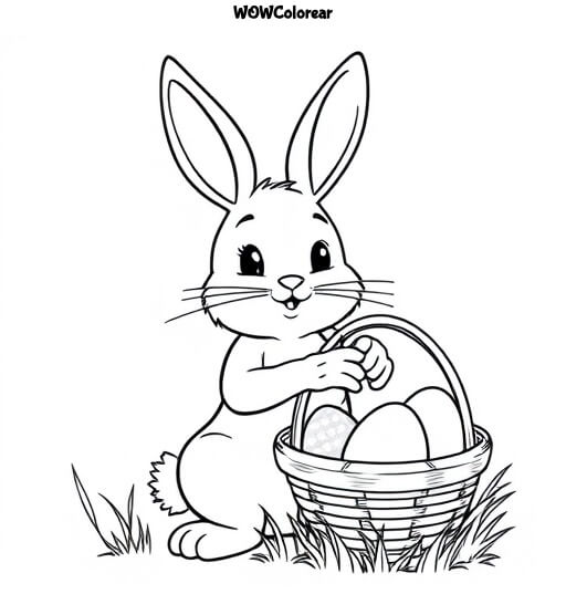 dibujos para colorear lindo conejo de Pascua sosteniendo una cesta de huevos