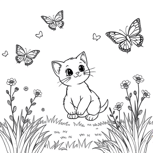 dibujos para colorear Lindo gatito persiguiendo mariposas