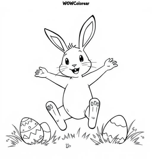 dibujos para colorear con conejito feliz saltando con huevos de Pascua