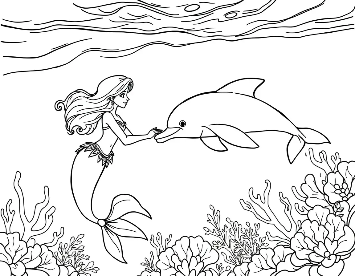 dibujos para colorear Sirena encontrándose con un delfín en el océano profundo